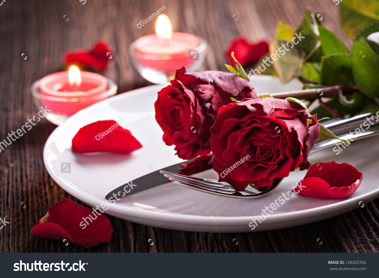 table setting for valentines day with roses #128203766