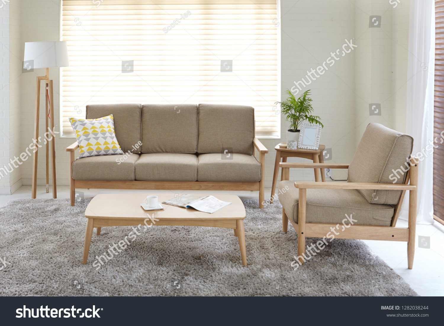Scandinavian style livingroom with fabric sofa, sofa table.  #1282038244