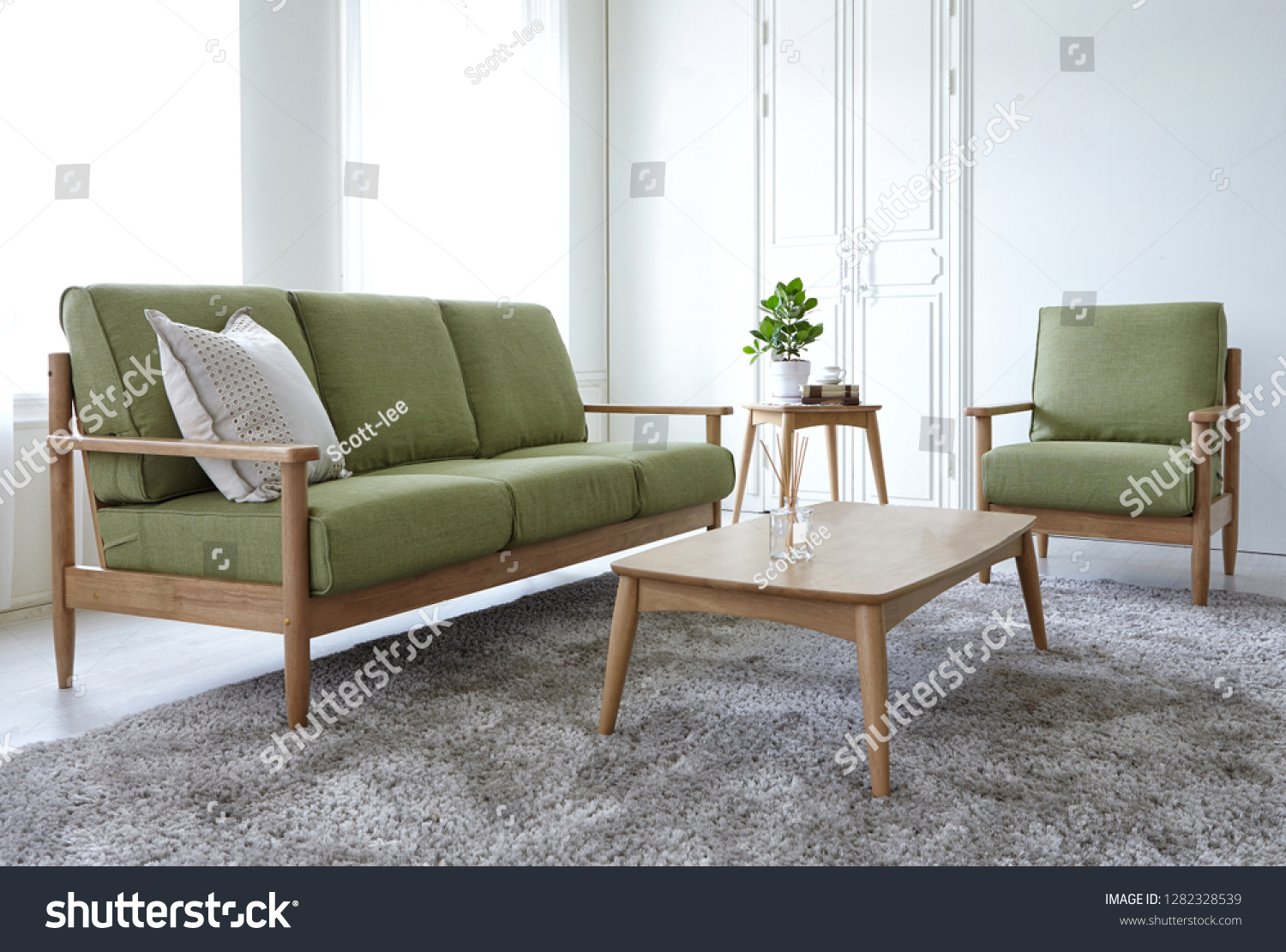 Scandinavian style livingroom with fabric sofa, sofa table.  #1282328539
