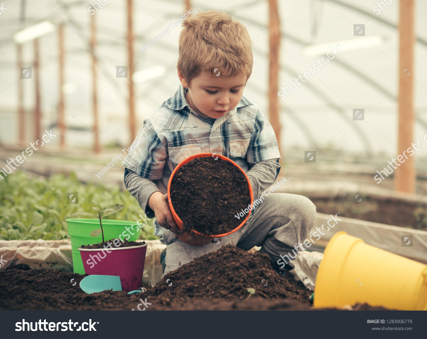 ecology care. ecology care by planting trees and flowers. ecology care concept. small kid farmer care about ecology. perfect gift for eny home #1283006779