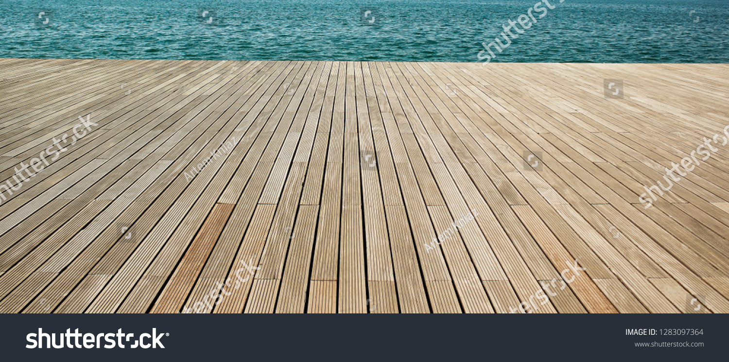 simple panoramic background wallpaper pattern of wooden deck floor sea waterfront perspective foreshortening material surface with empty copy space for your text or inscription  #1283097364