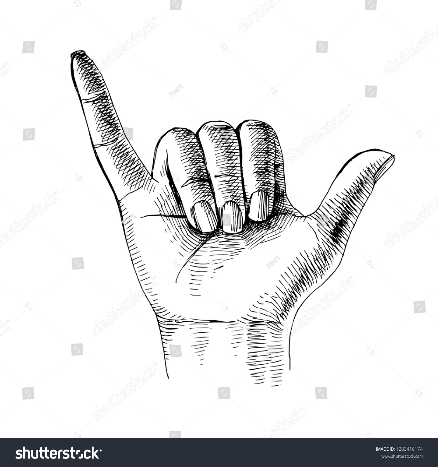 Sketched shaka hand. Surfing symbol. Vector - Royalty Free Stock Vector ...