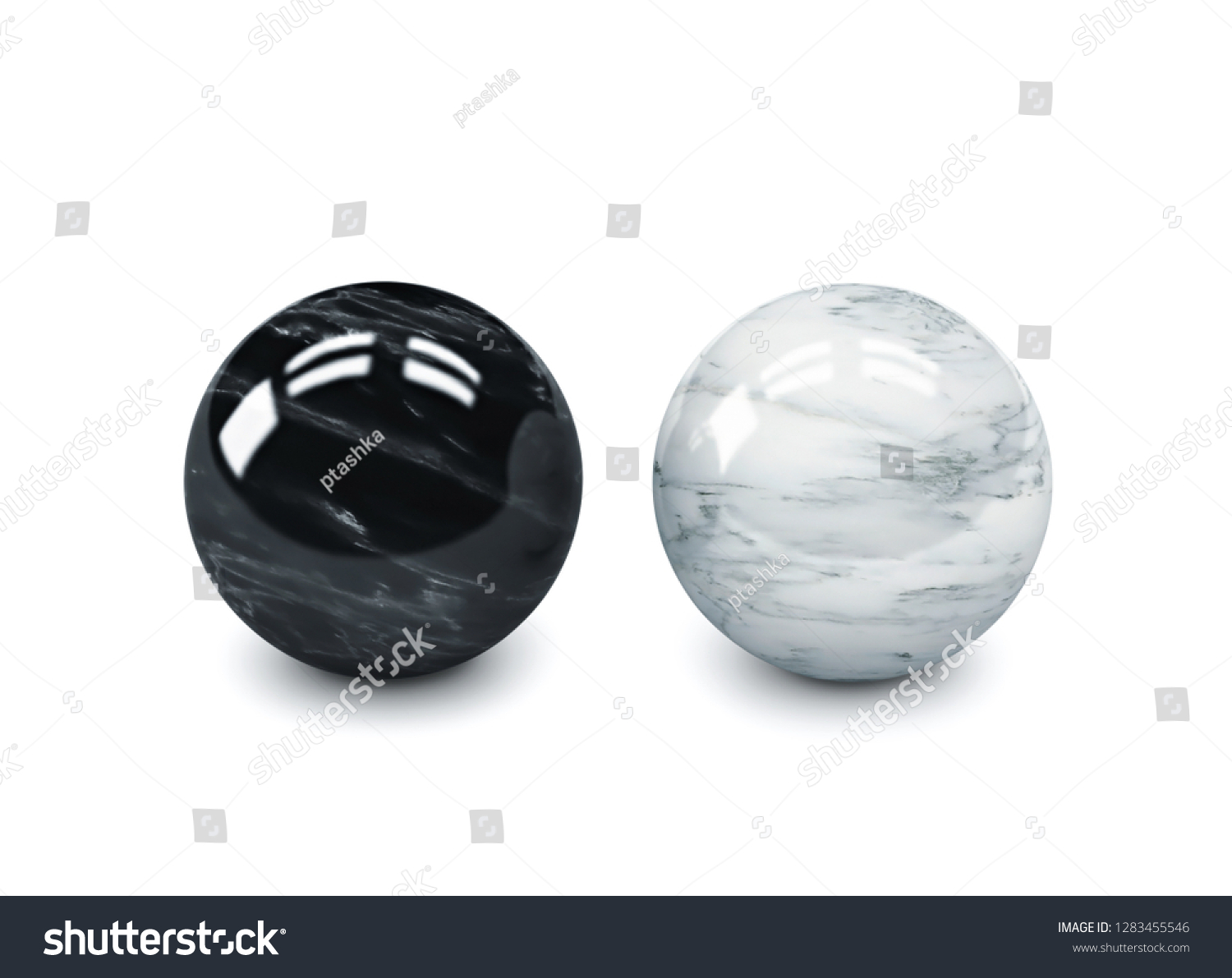 Black and white polished stone spheres, meditation balls isolated on white. 3D rendering with clipping path #1283455546