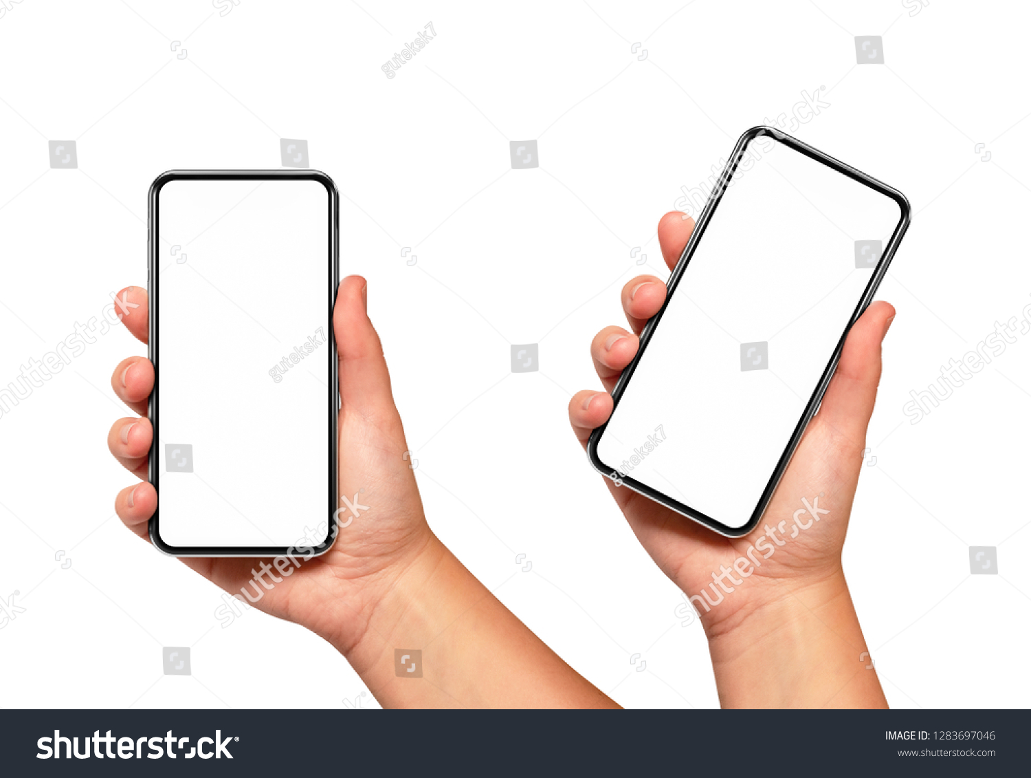 Woman hand holding the black smartphone with blank screen and modern frame less design two positions angled and vertical - isolated on white background #1283697046