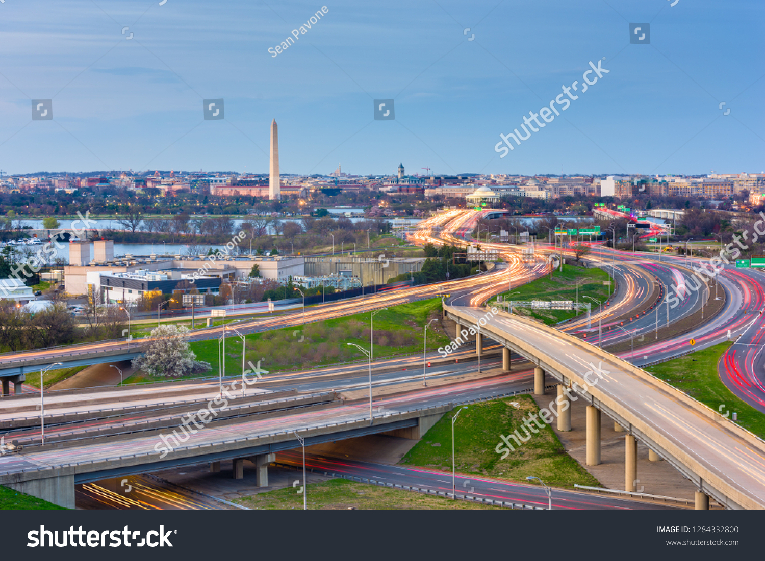 Washington, D.C. skyline with highways and monuments.  #1284332800