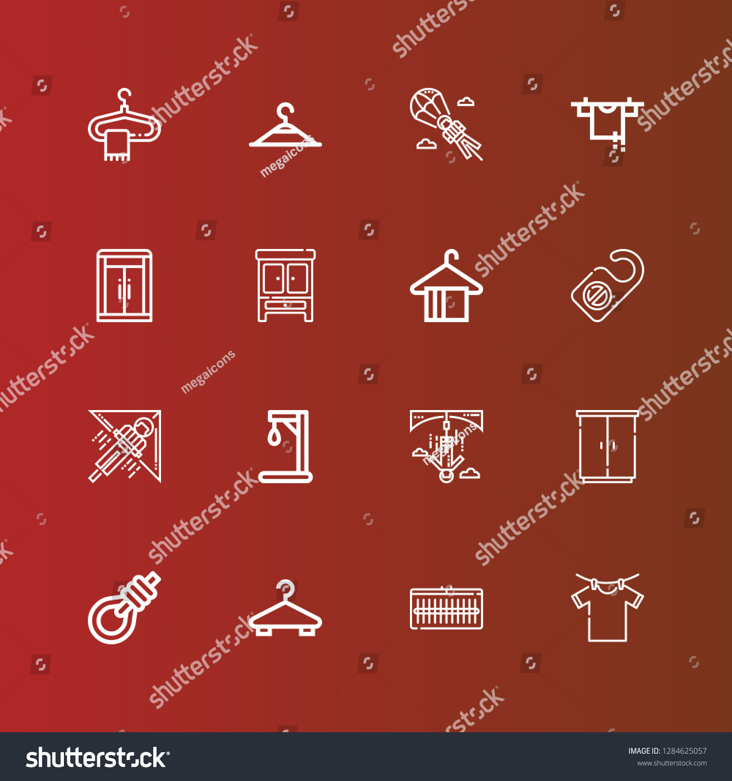 Editable 16 hang icons for web and mobile. Set of hang included icons line Clothes hanger, Wardrobe, Hanger, Gallows, Bungee jumping, Gallow, Hang gliding, Door hanger on red #1284625057