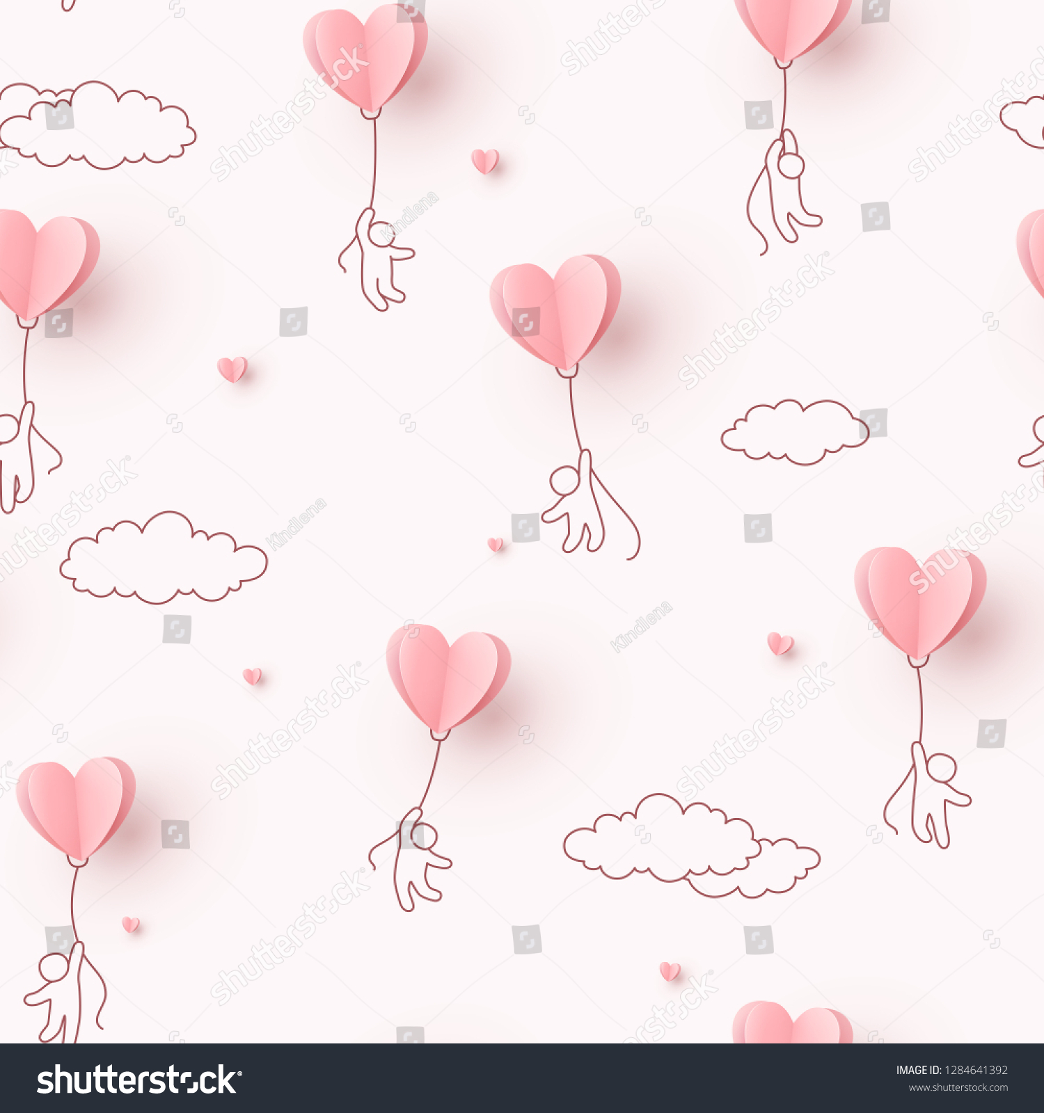 Valentines hearts balloons with people flying on pink sky background. Vector love seamless patern for Happy Mother's or Valentine's Day greeting card design.
 #1284641392