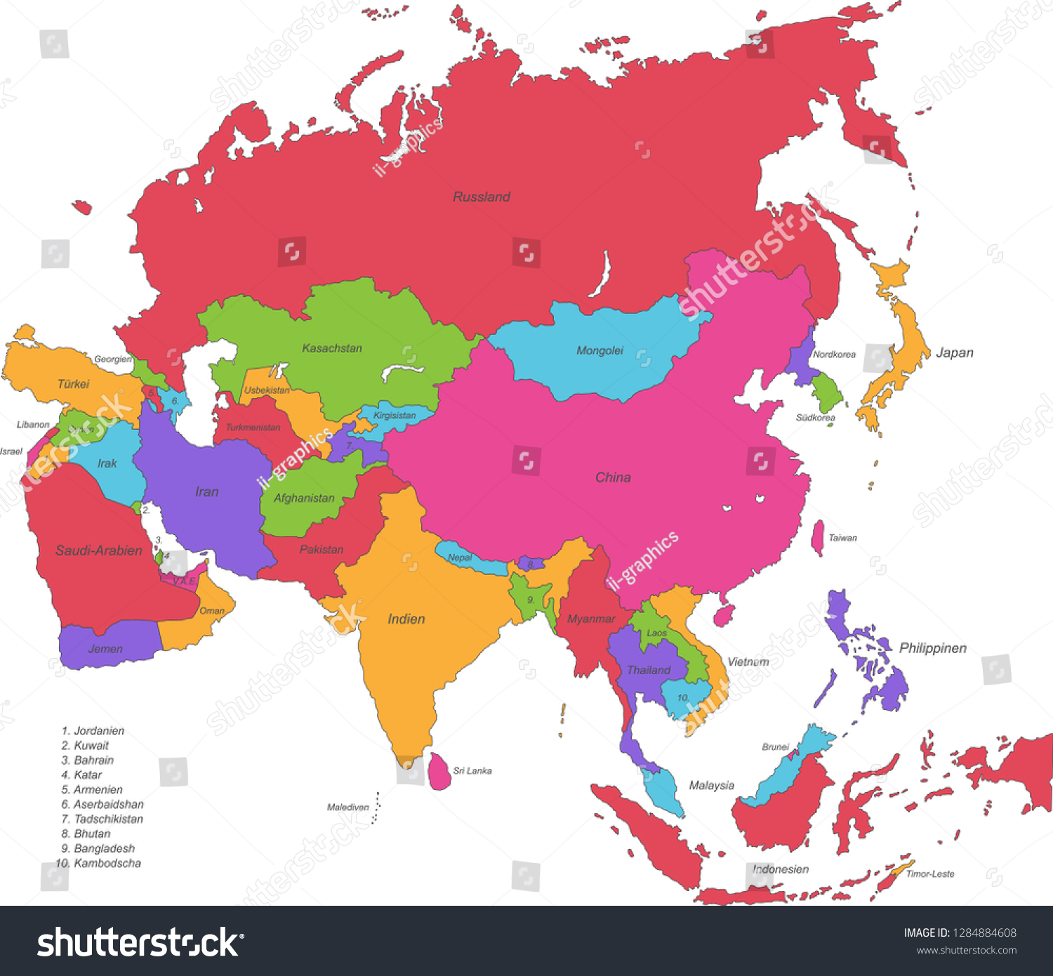 Asia - Political Map of Asia - Royalty Free Stock Vector 1284884608 ...