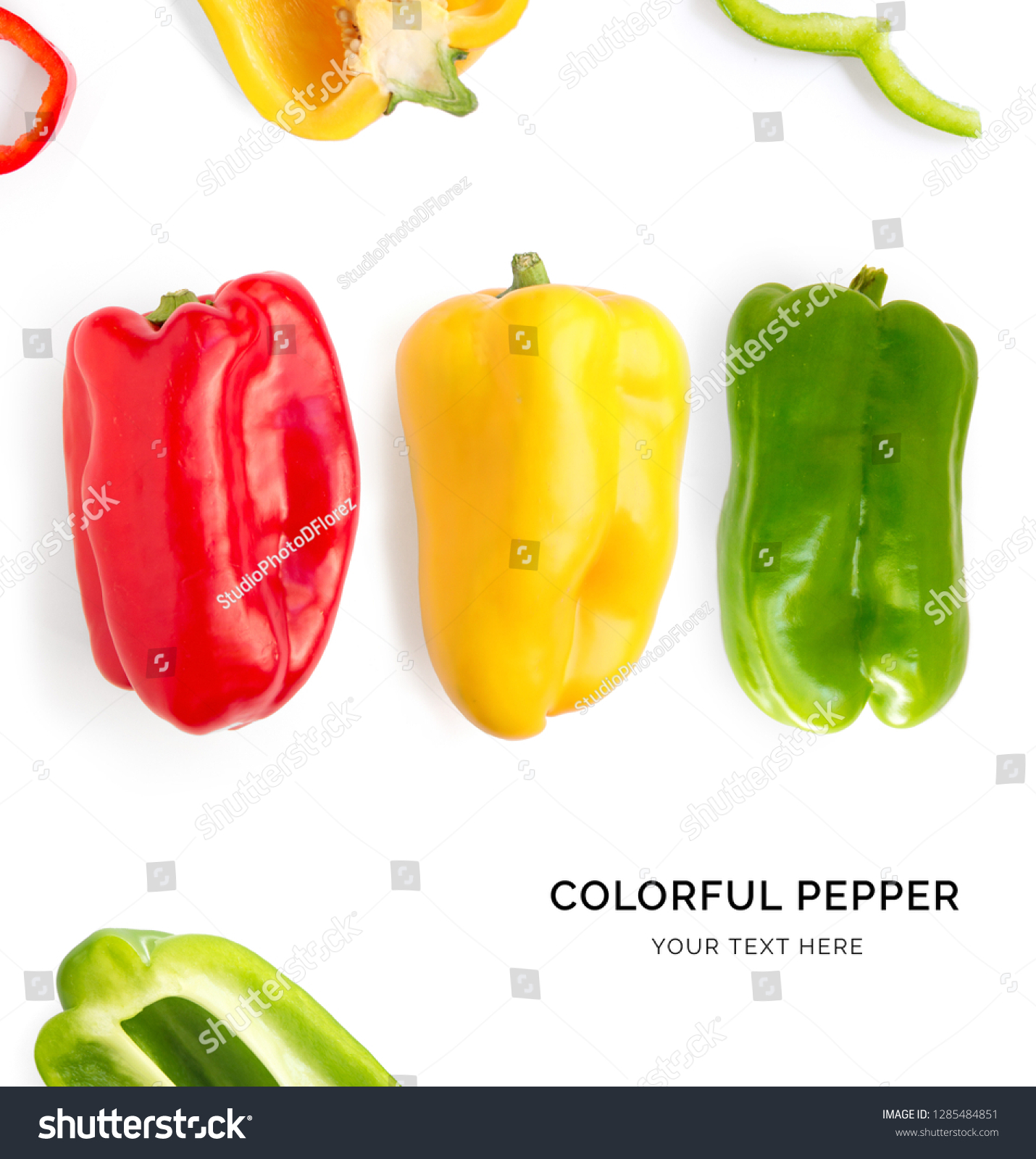 Creative layout made of green, red and yellow pepper on white background. Flat lay. Food concept. Colourful pepper on white background. #1285484851