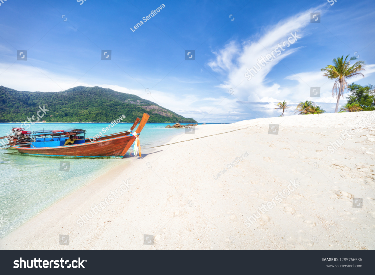 Empty sunny Koh Lipe Bulow Beach panorama with long tail wooden boats #1285766536