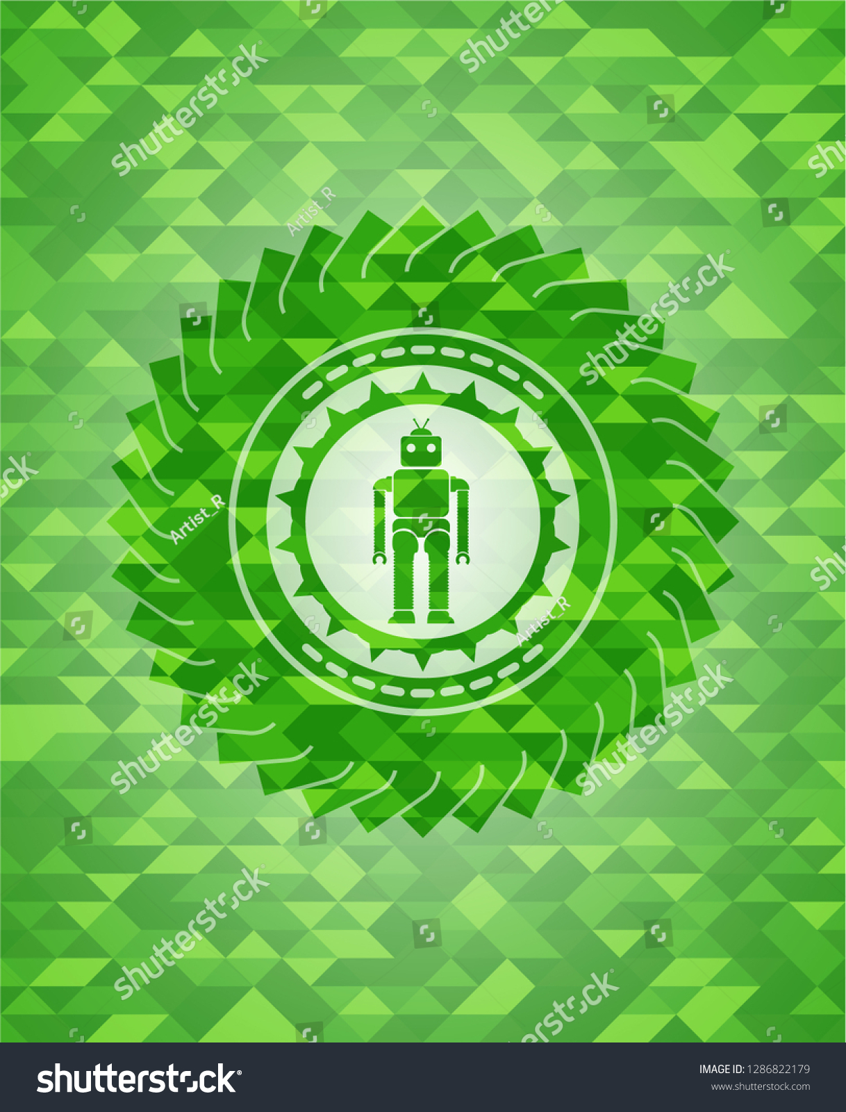 robot icon inside green emblem. Mosaic background #1286822179