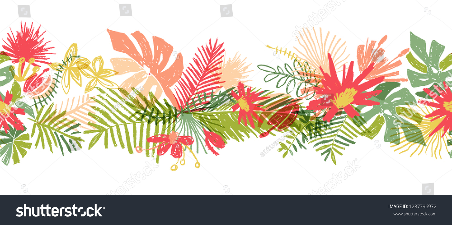 Tropical Flower Hand Drawn Border, Illustration - Royalty Free Stock ...