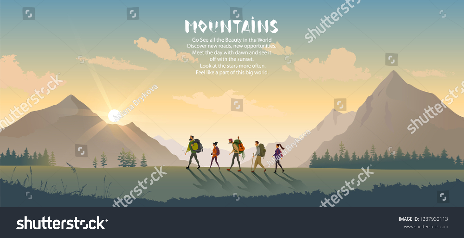 Cartoon character traveling people. Climbing on mountain. Vector illustration hiking and climbing team #1287932113