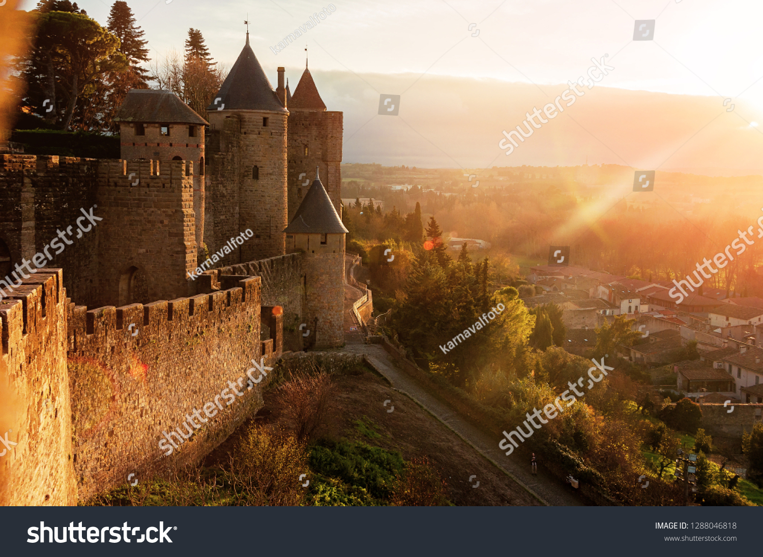 Carcassonne. France . Beautiful sunset landscape in the famous city in France.  #1288046818