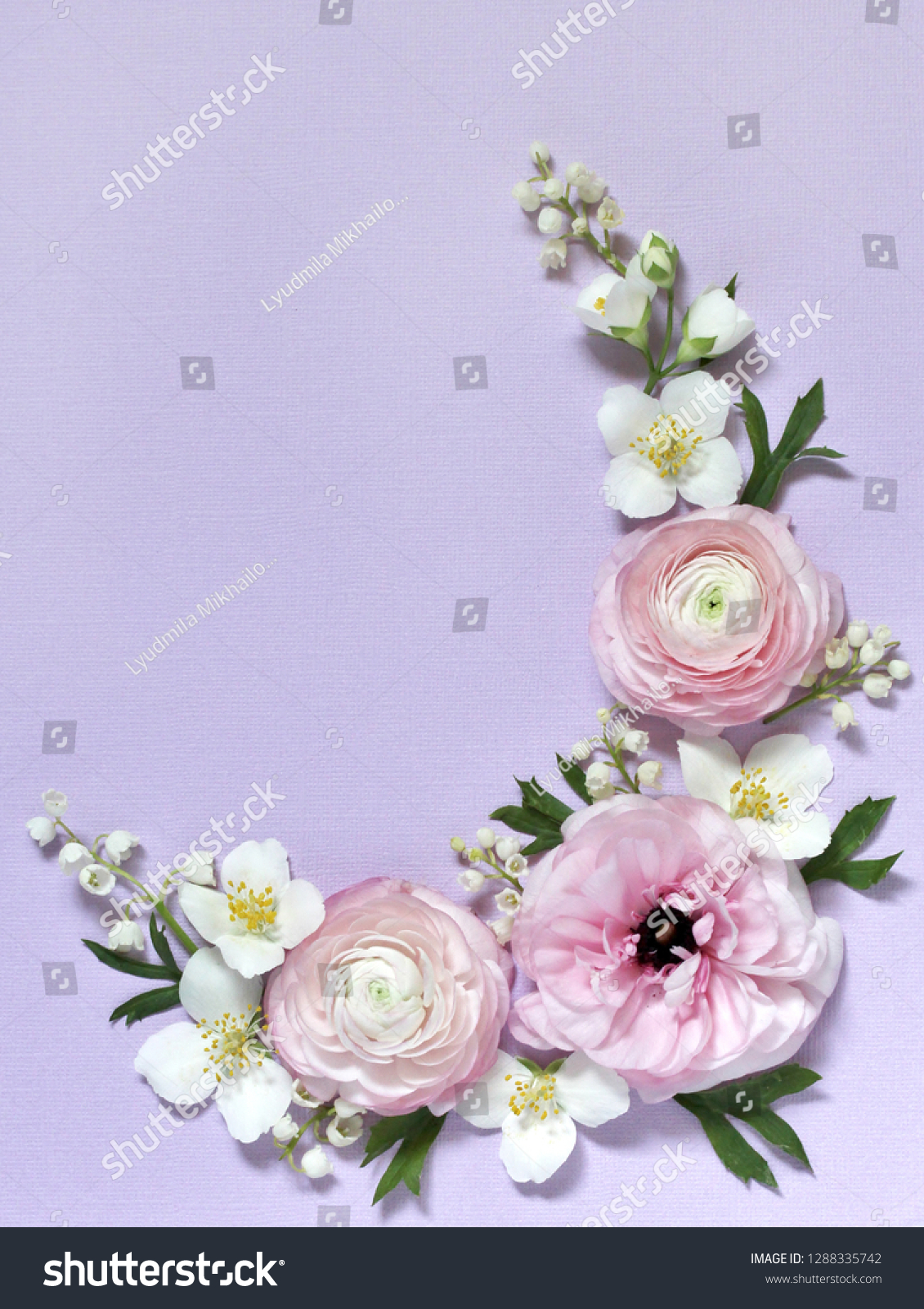 floral background gentle lilac, wreath of pink pink, lily of the valley and jasmine. Romantic background for wedding invitations and greeting cards. place for text. copy space. Flatlay #1288335742