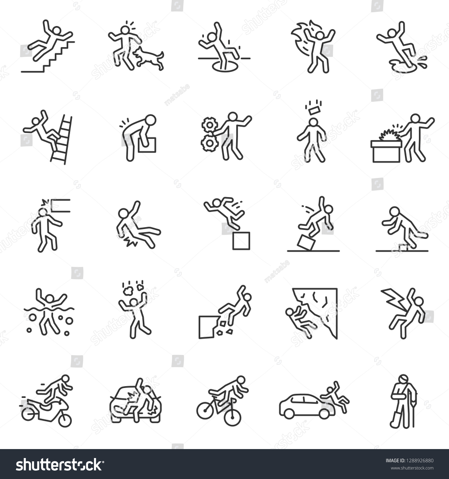 Accident, icon set. Falls, blows, car accidents, work injury, etc. People pictogram. linear icons. Line with editable stroke #1288926880