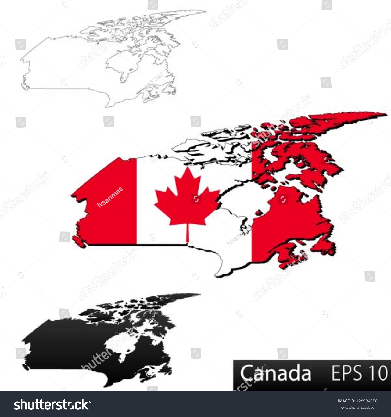 Maps Of Canada, 3 Dimensional With Flag Clipped - Royalty Free Stock 