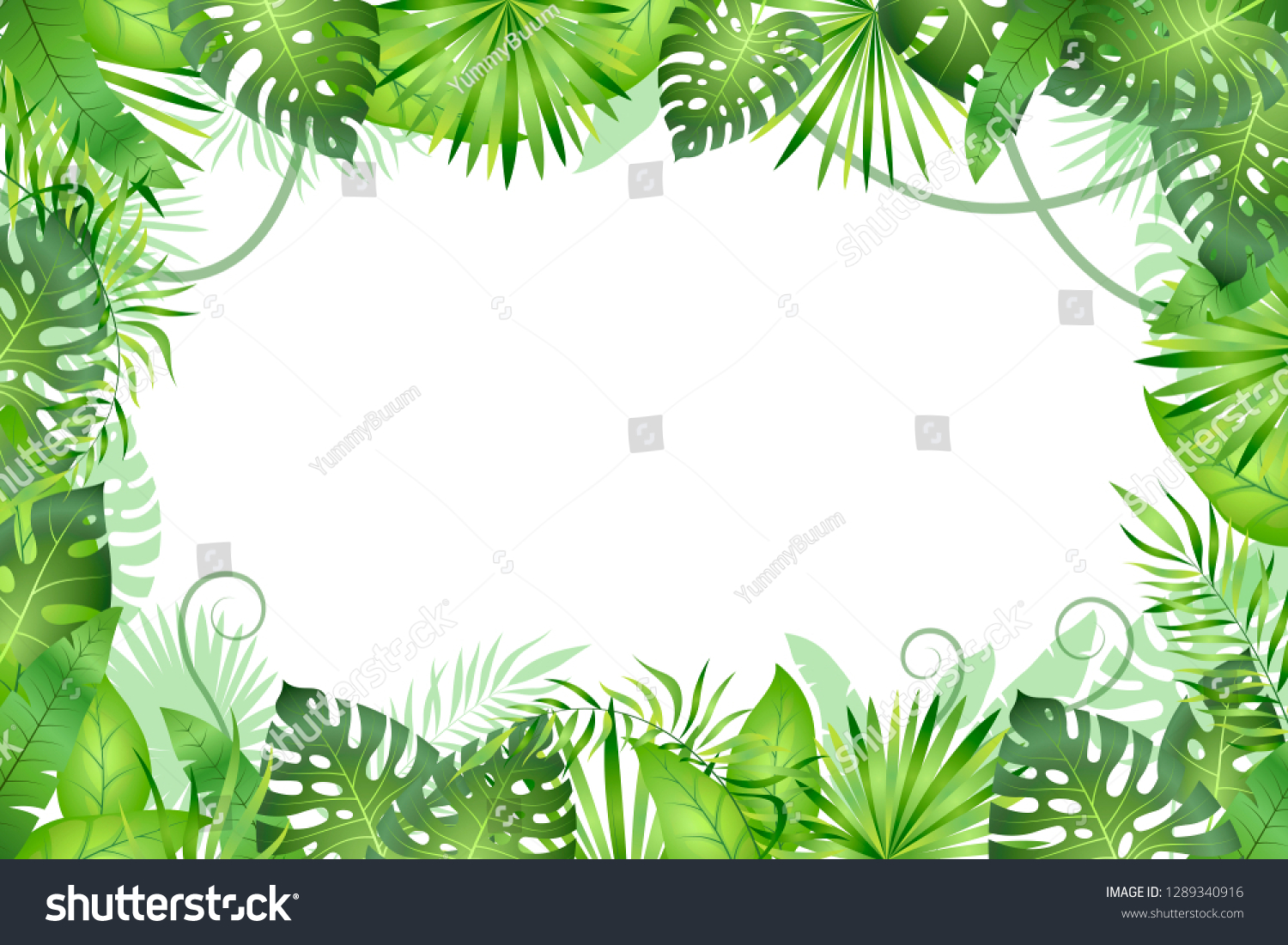 Jungle background. Tropical leaves frame. Rainforest foliage plants, green grass trees. Paradise african wildlife jungle vector frame #1289340916