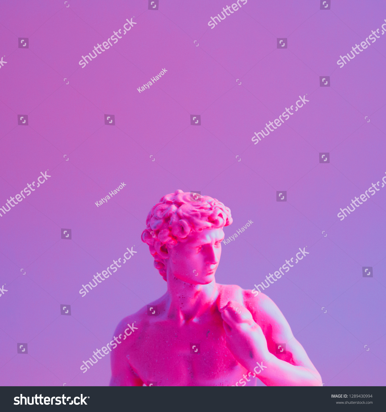 Creative concept of purple neon David is a masterpiece of Renaissance sculpture created  by Michelangelo. Vaporwave style  
 #1289430994