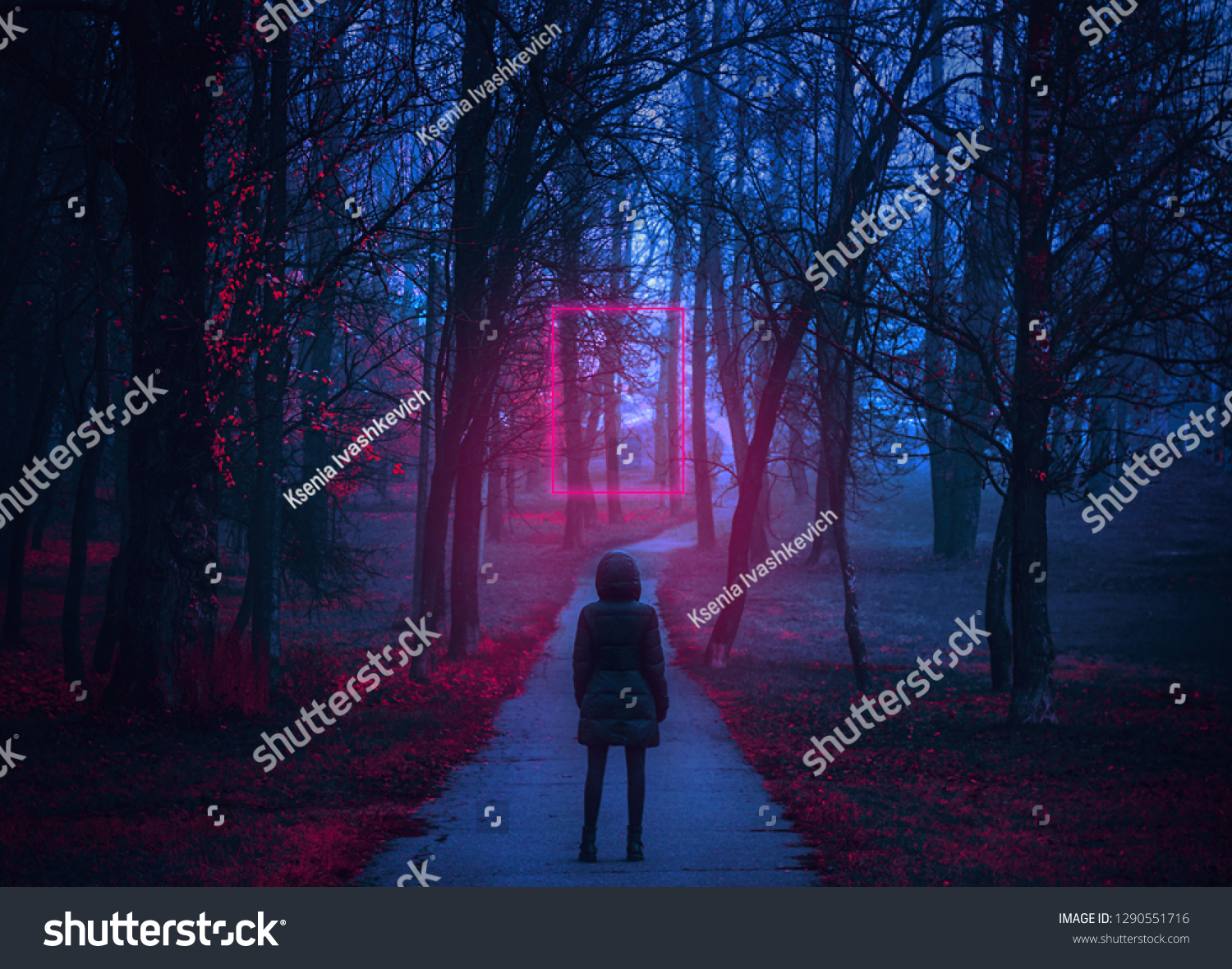 Girl stand on the scary road in the paranormal world. Neon portal. Retro style. Retrowave. Strange forest in a fog with red leaves. Mystical atmosphere. Dark mysterious park.  #1290551716