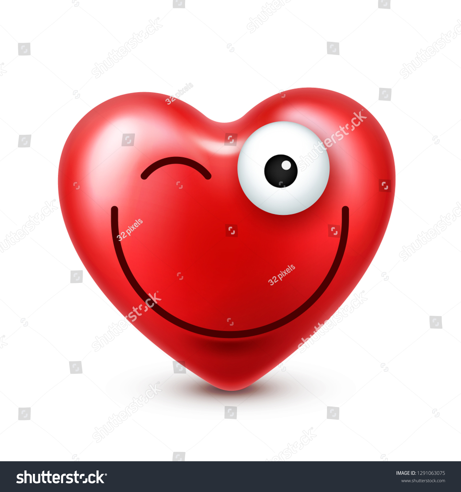 Heart smiley emoji vector for Valentines Day. Funny red face with expressions and emotions. Love symbol. #1291063075