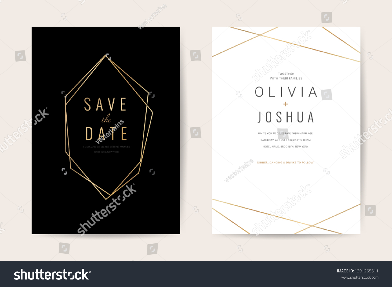 Luxury wedding invitation cards with gold marble texture and geometric pattern minimal style vector design template #1291265611