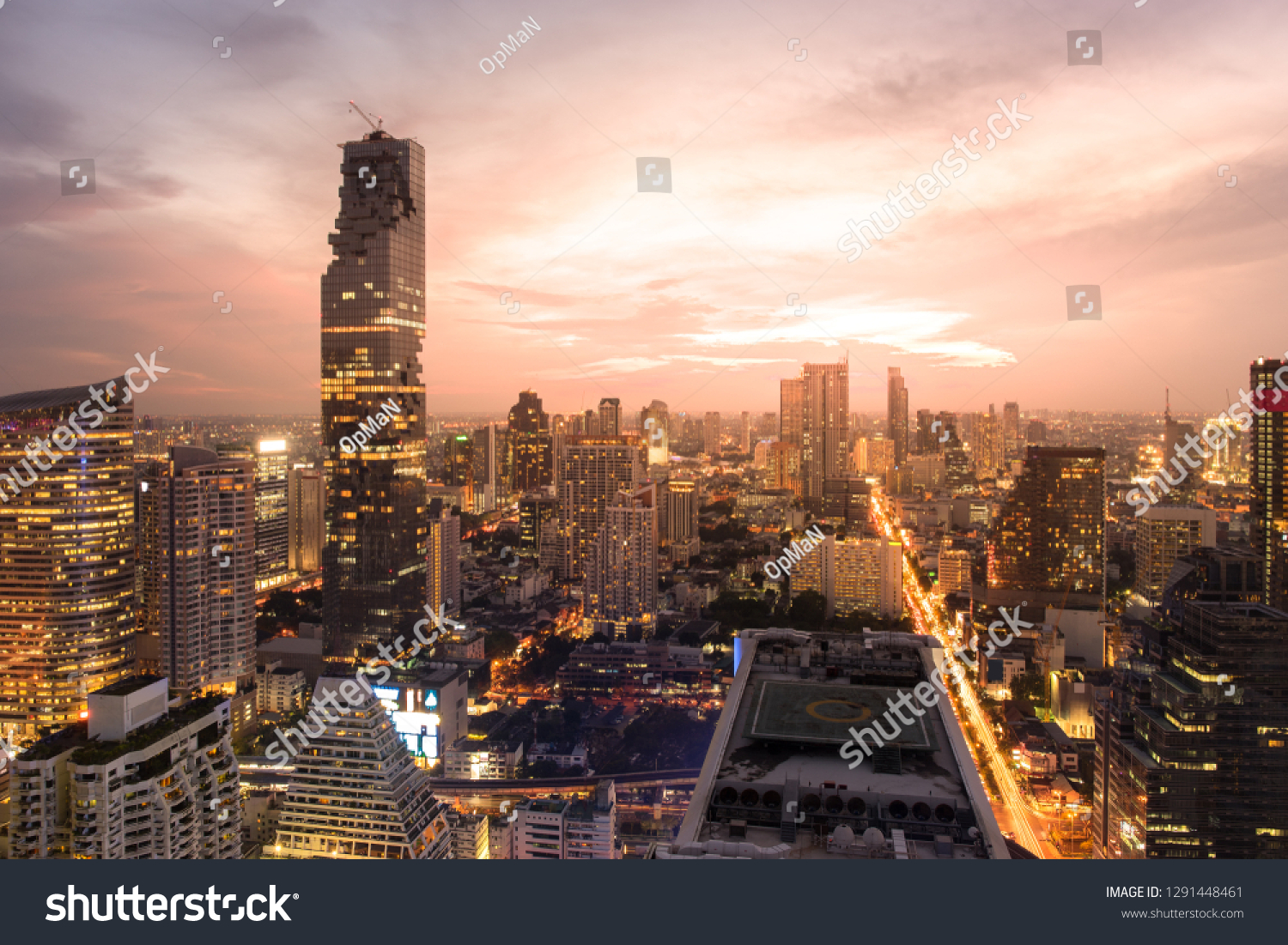 Top View of City. Cityscape with Car Traffic Light Trial at Twilight Time, Bangkok, Thailand. #1291448461