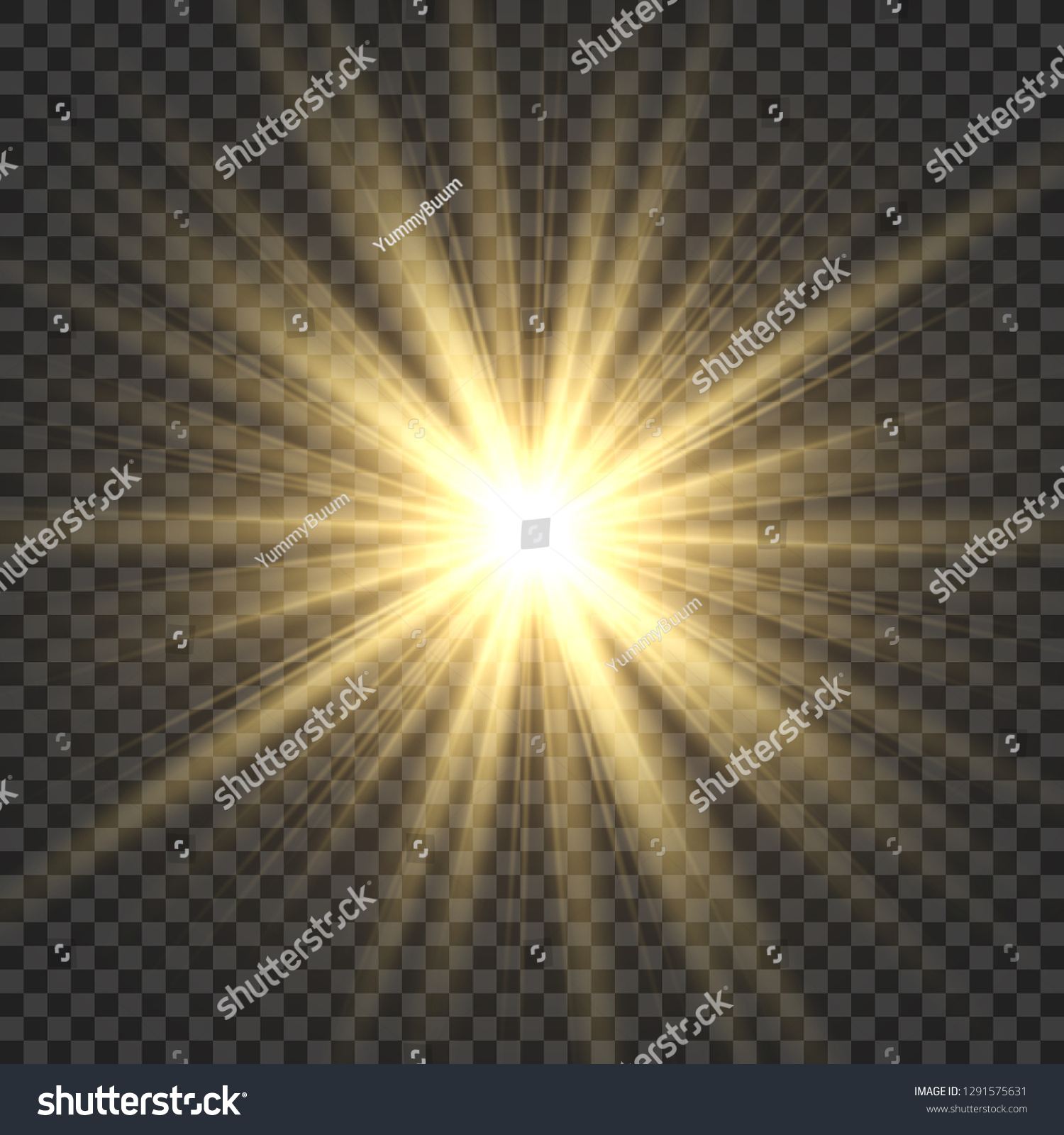 Realistic sun rays. Yellow sun ray glow abstract shine light effect starburst sbeam sunshine glowing isolated vector illustration #1291575631