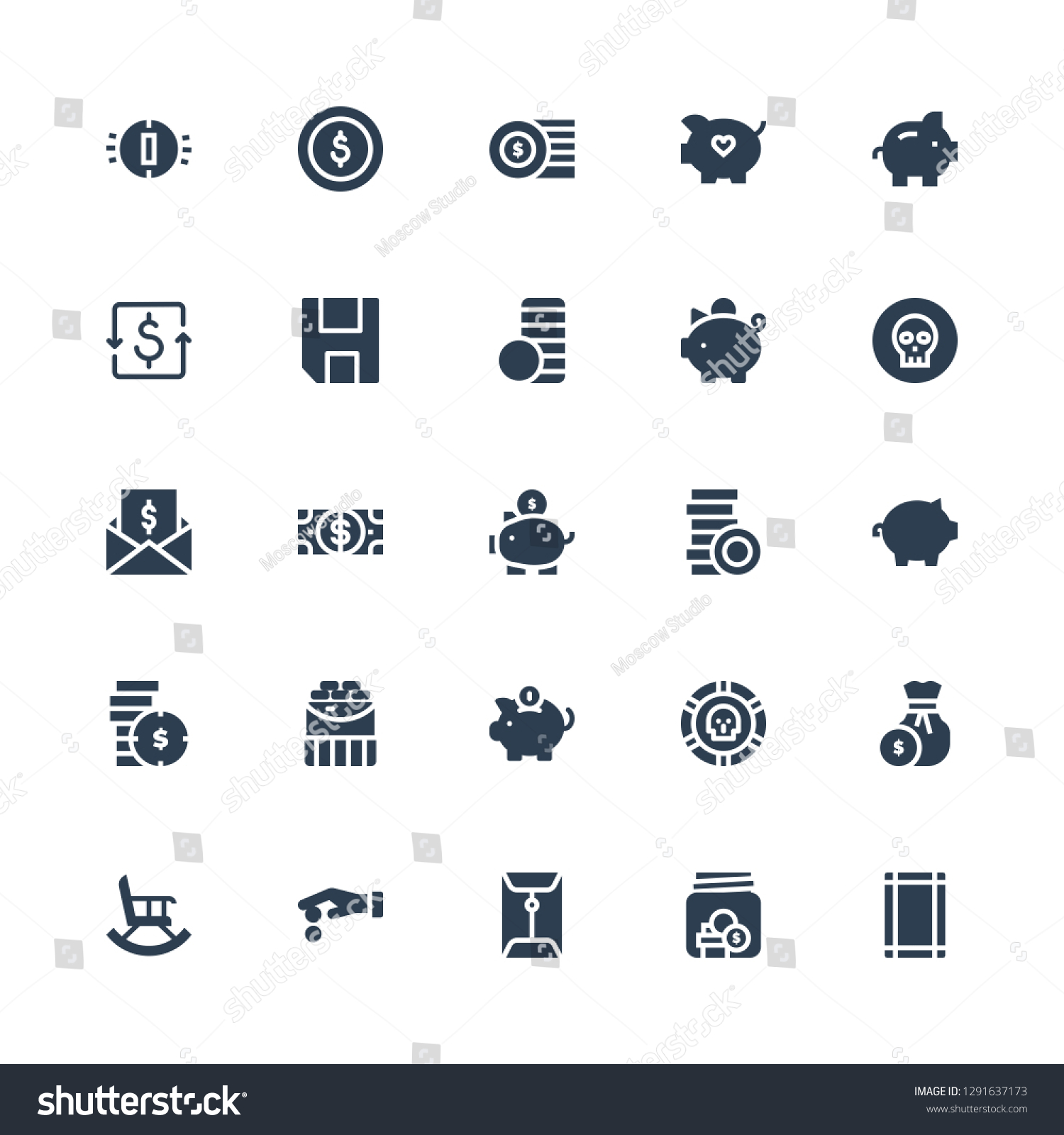 income icon set. Collection of 25 filled income icons included Margin, Savings, Coin, Coins, Retirement, Piggy bank, Dollar, Taxes, Coin stack, Save, Dollar coins #1291637173