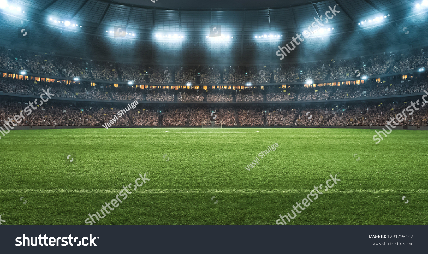 Photo of a soccer stadium at night. The stadium was made in 3d without using existing references. #1291798447