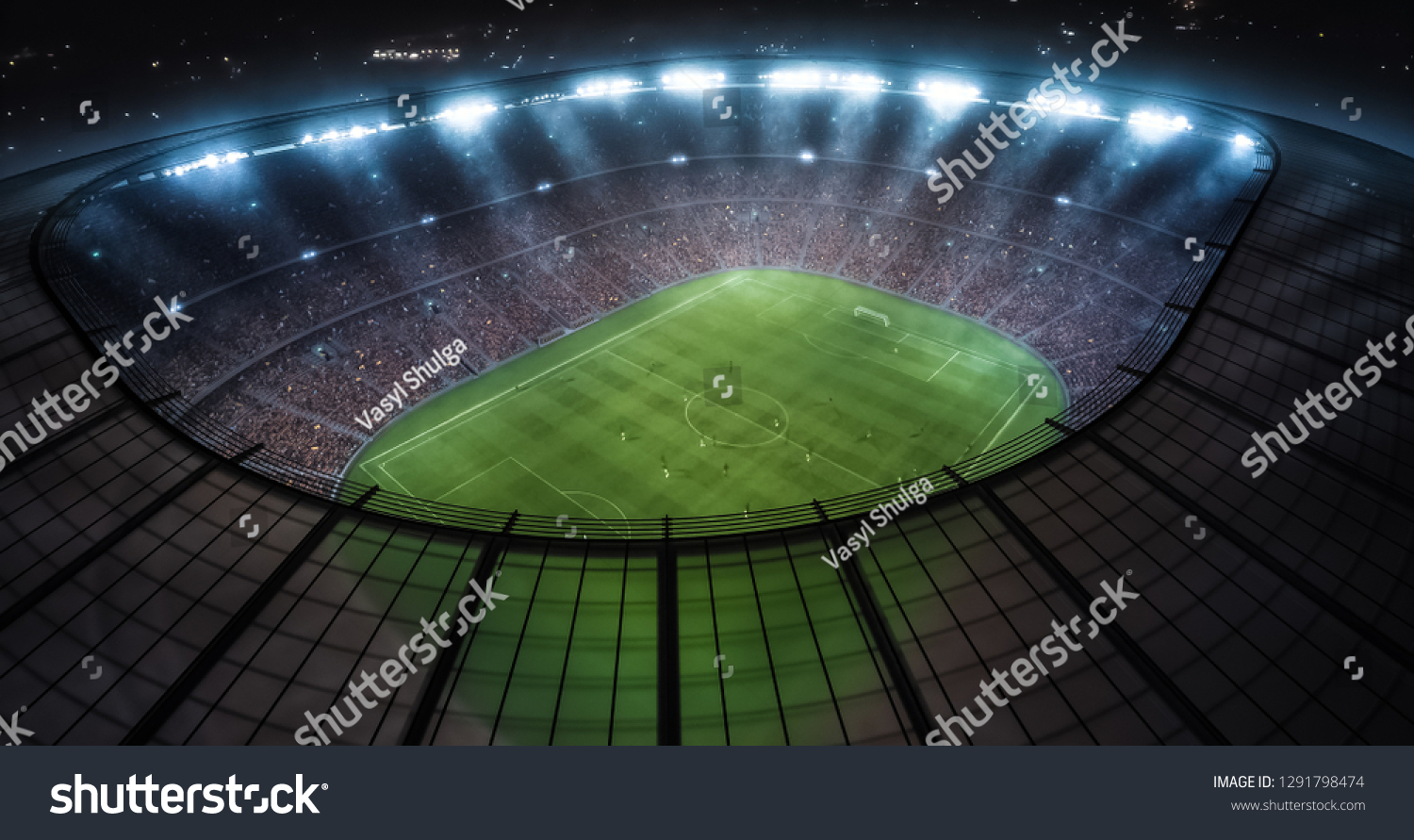 Photo of a soccer stadium with ongoing game at night. The stadium was made in 3d without using existing references. #1291798474