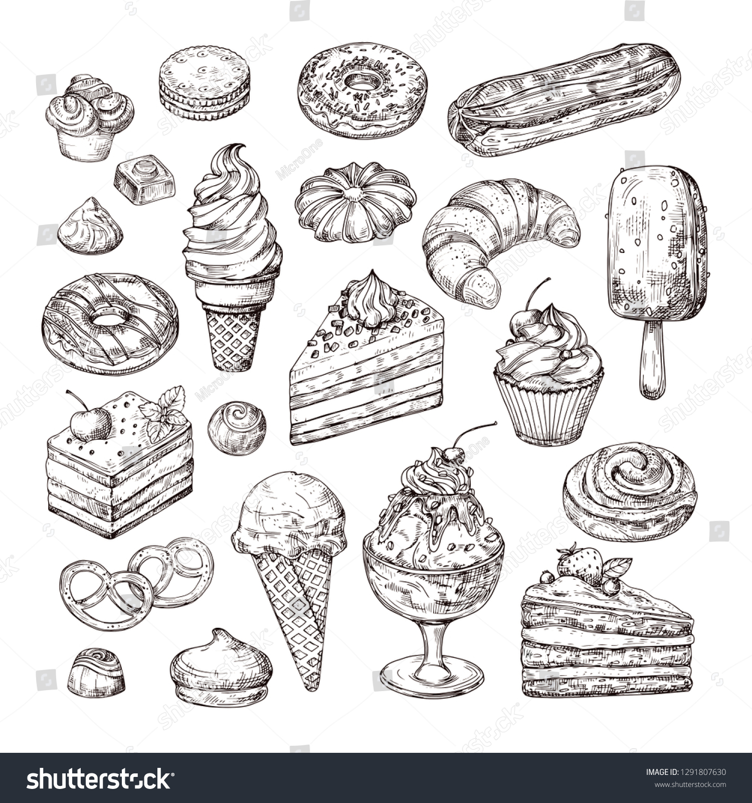 Sketch dessert. Cake, pastry and ice cream, apple strudel and muffin in vintage engraving style. Hand drawn fruit desserts vector set. Illustration of cake with cream, dessert sketch, pastry sweet