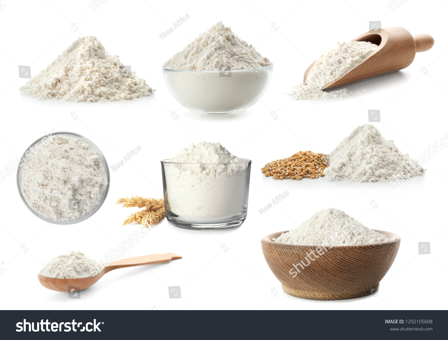 Set of wheat flour in different dishware on white background #1292105608