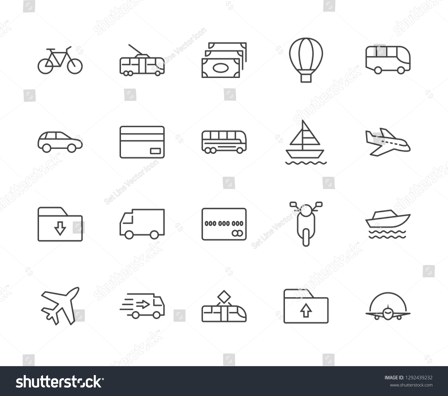 Set of Public Transport Related Vector Line Icons. Contains such Icons as Bus, Bike, Scooter, Car, balloon, Truck, Tram, Trolley, Sailboat, powerboat, Airplane and more. Editable Stroke. 32x32 Pixel #1292439232