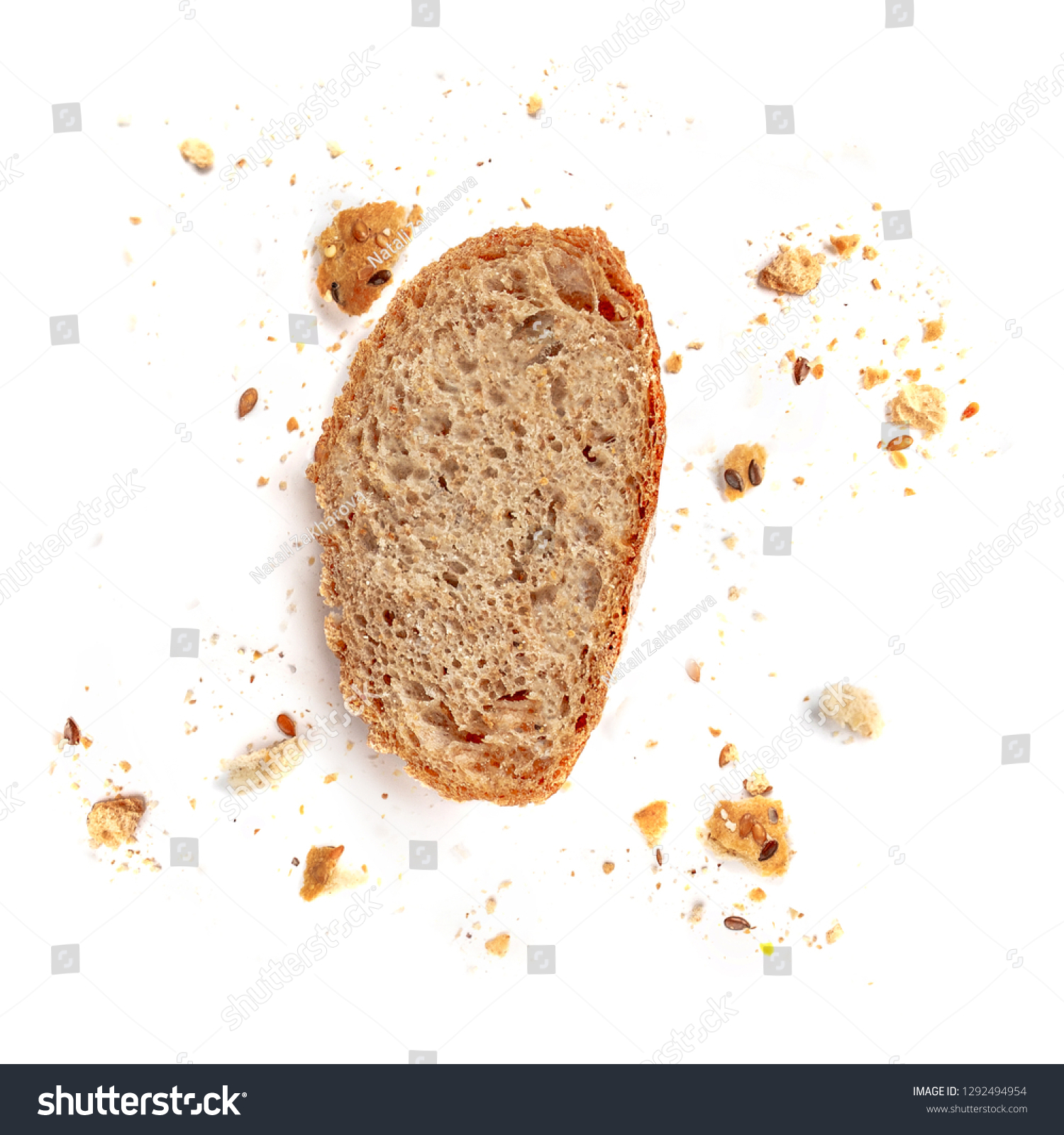 Bread toast  isolated on  white background. Crumbs and Bread slice close up. Bakery, food concept. Top view #1292494954