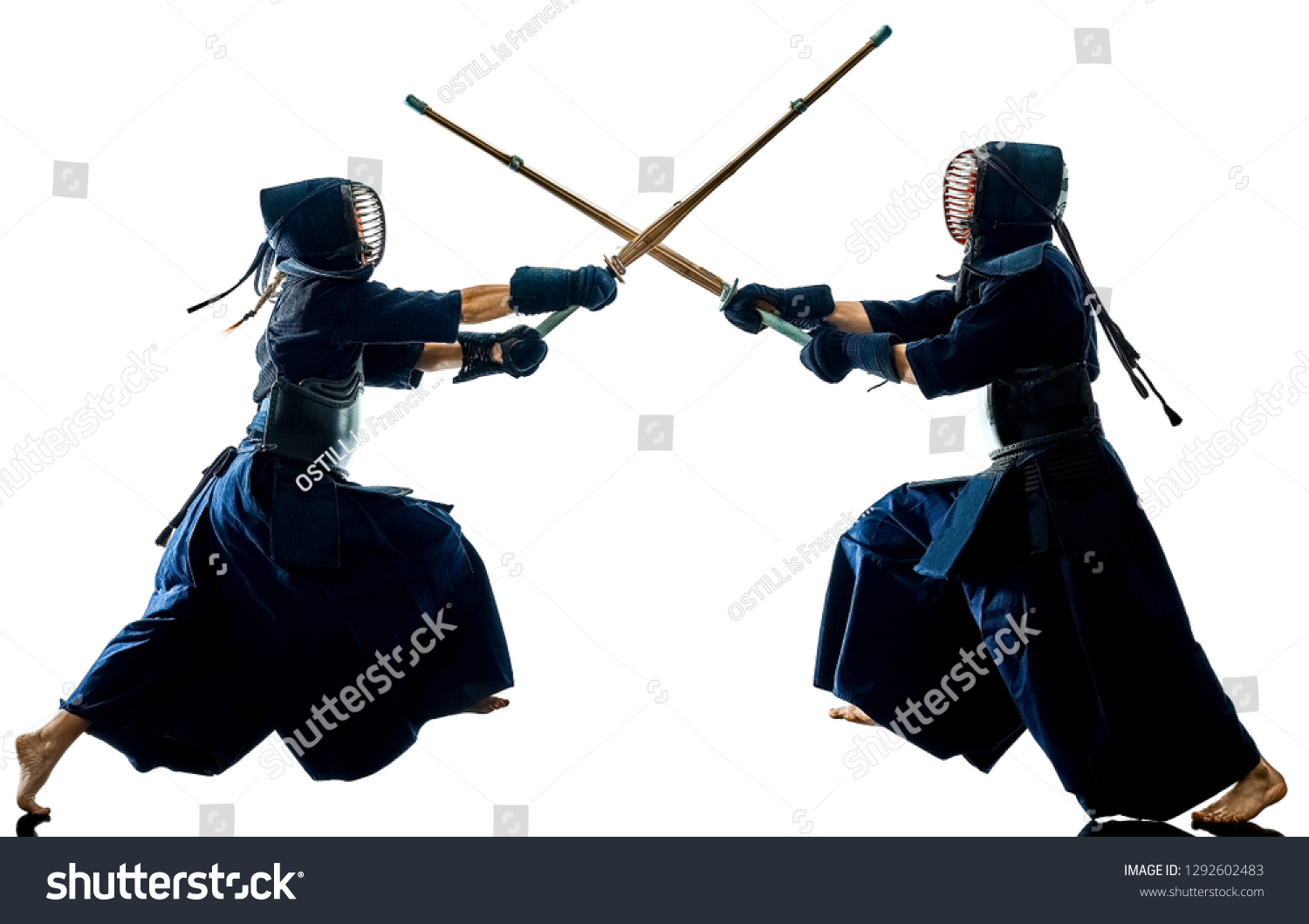 two Kendo martial arts fighters combat fighting in silhouette isolated on white bacground #1292602483