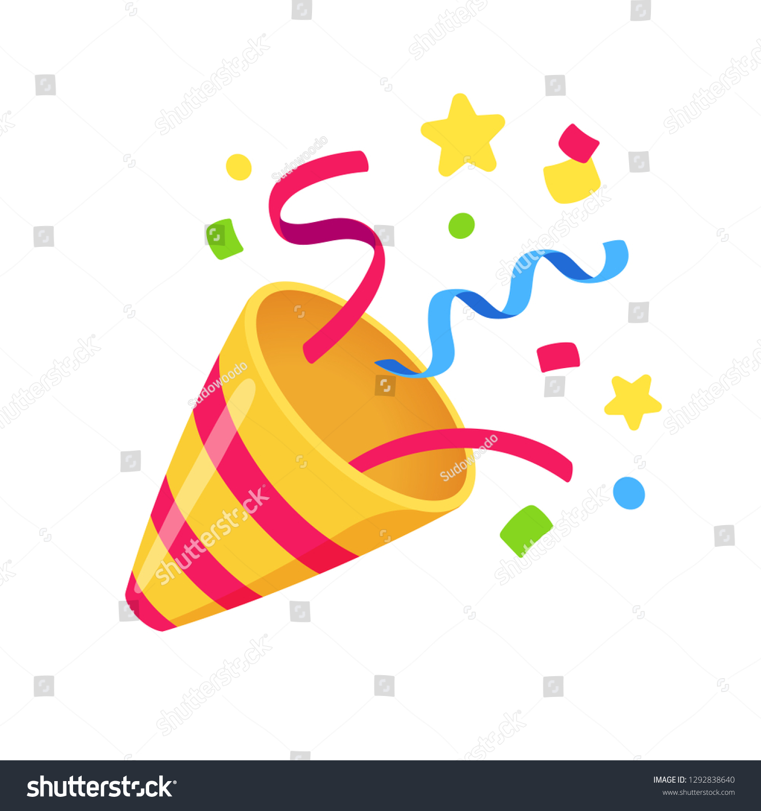 Exploding party popper with confetti, bright cartoon birthday cracker. Isolated vector illustration of celebration symbol emoji. #1292838640