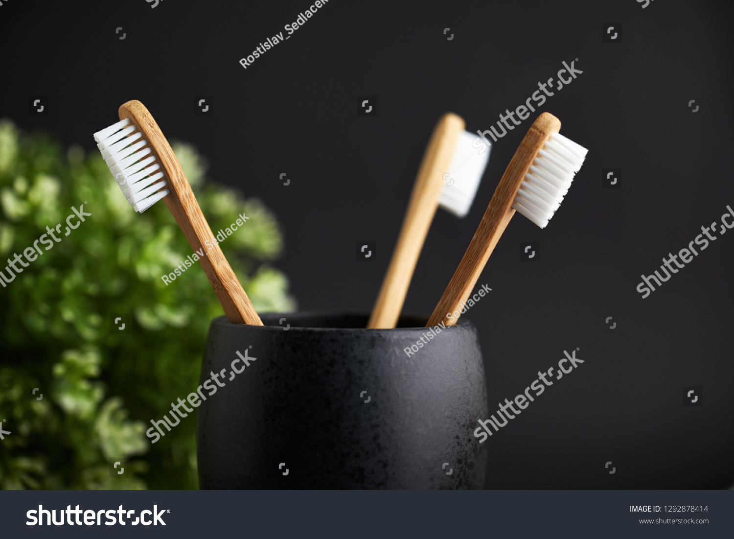 Close up of three bamboo toothbrushes in a black glass with plant on a dark background #1292878414