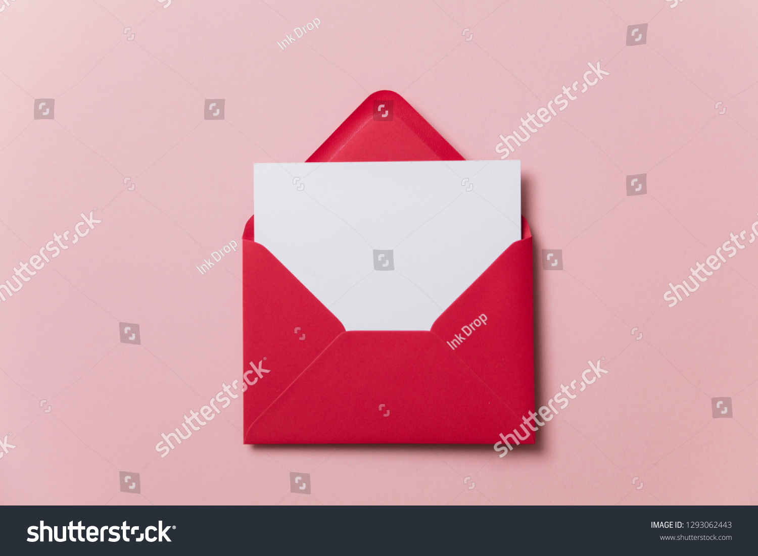 Blank white card with red paper envelope template mock up #1293062443