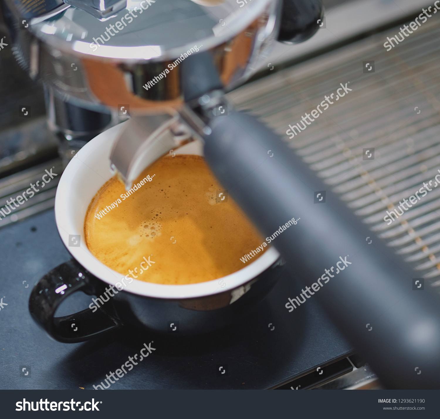 Coffee espresso with espresso machine. Espresso on black scale. #1293621190