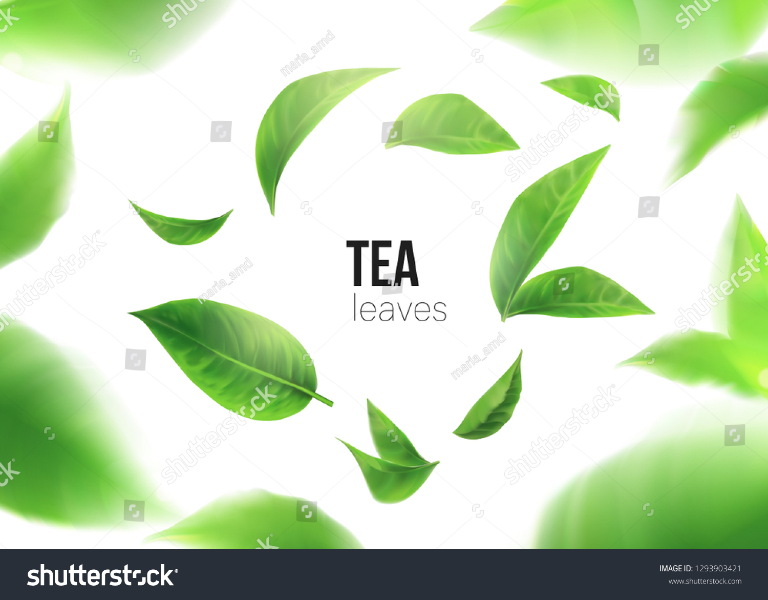 Green tea. Tea leaves whirl in the air.  Element for design, advertising, packaging of tea products white background 3d illustration #1293903421
