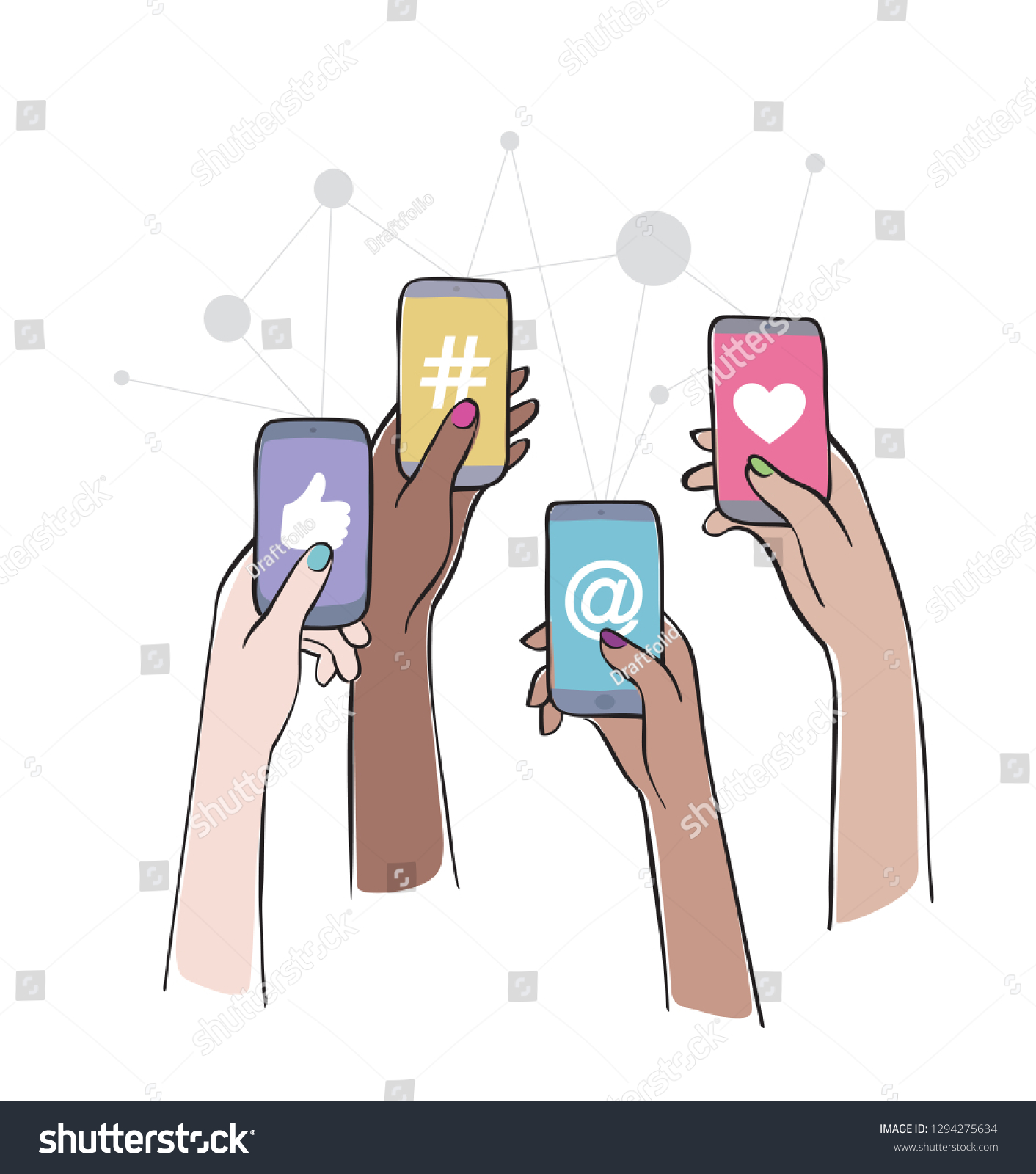 Social Media Interaction. Female hands holding smartphones with social network apps icons. Online communication and connection. Isolated vector illustration. #1294275634