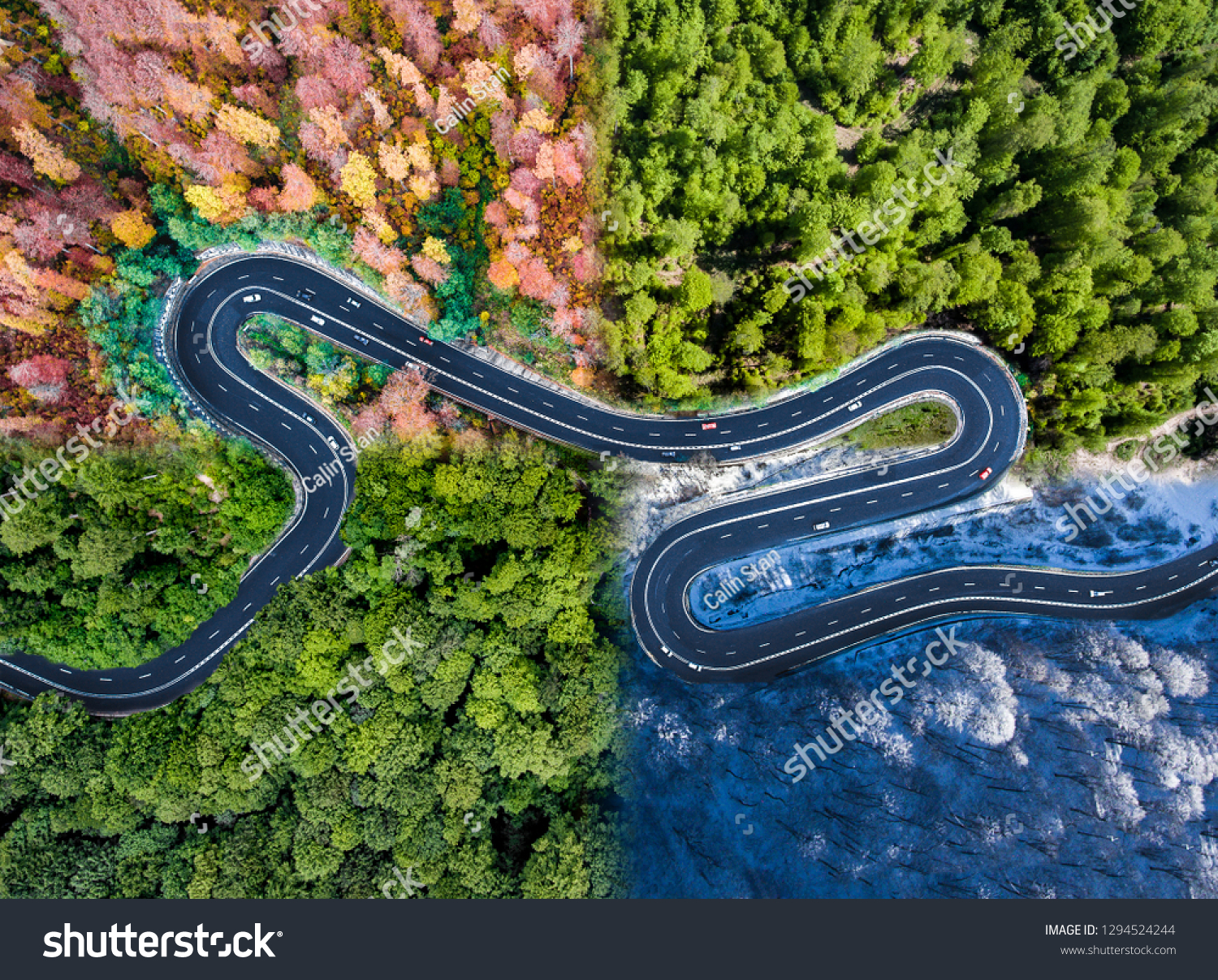 Winding road in all four seasons. Aerial view of a curved highway trough the forest. Composite drone roadway weather image of a hairpin turn #1294524244