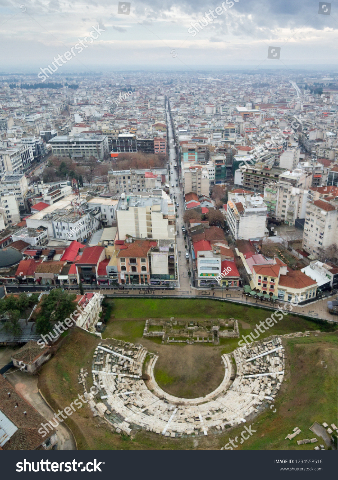 Aerial photo of the ancient theater of Larissa, and part of the city. #1294558516