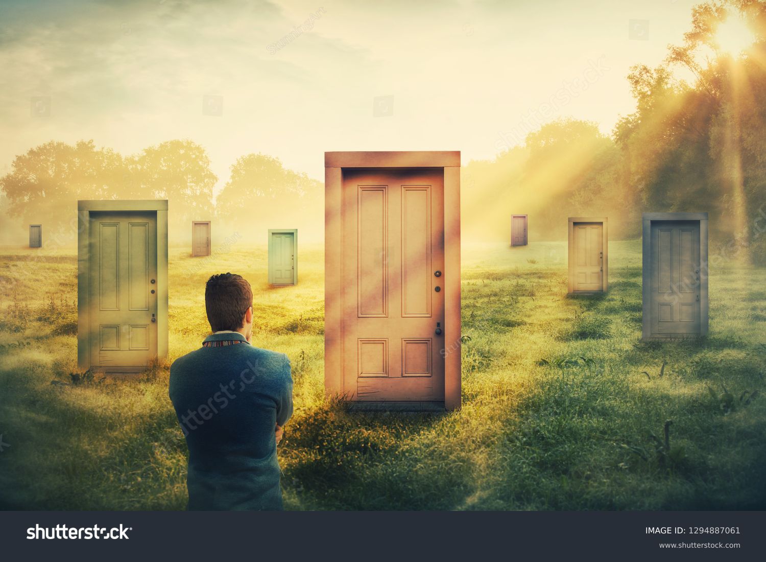Rear view man in front of many different doors choosing one. Difficult decision, concept of important choice in life, failure or success. Ways to unknown future career development. Opportunity symbol. #1294887061