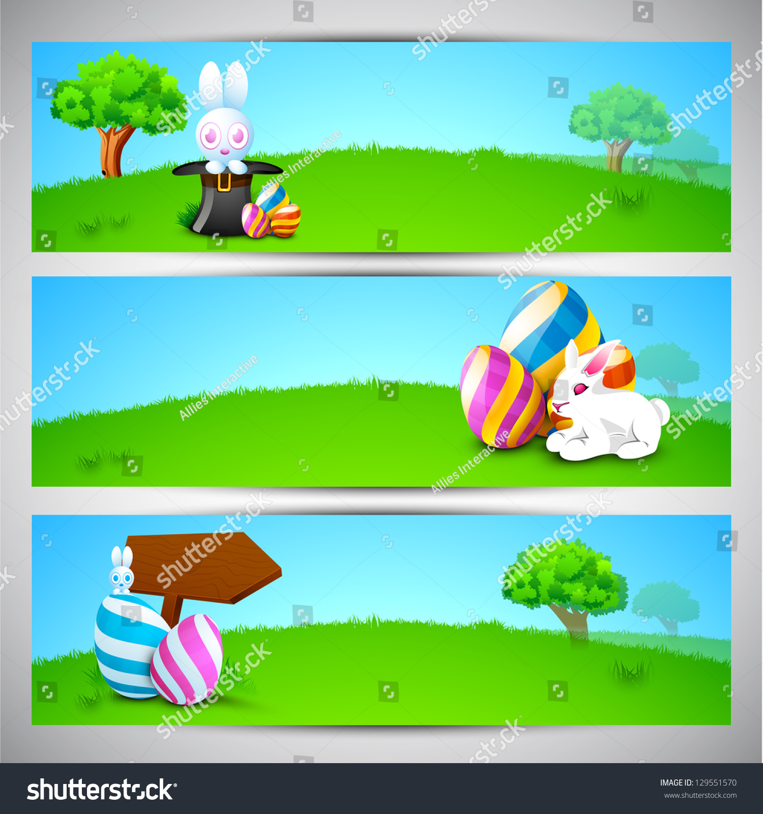 Website header or banner set with painted eggs, bunny on nature background for Happy Easter. #129551570