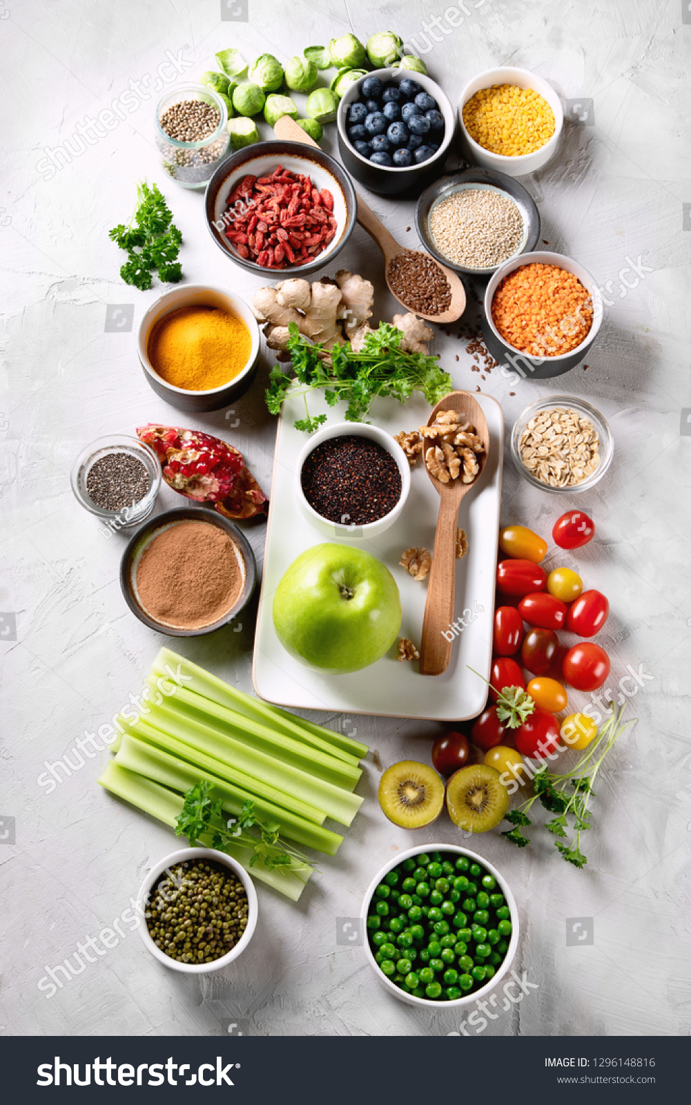 Vegetables, fruit, grain, superfoods for vegan and vegetarian eating. Clean eating. Detox, dieting food concept #1296148816
