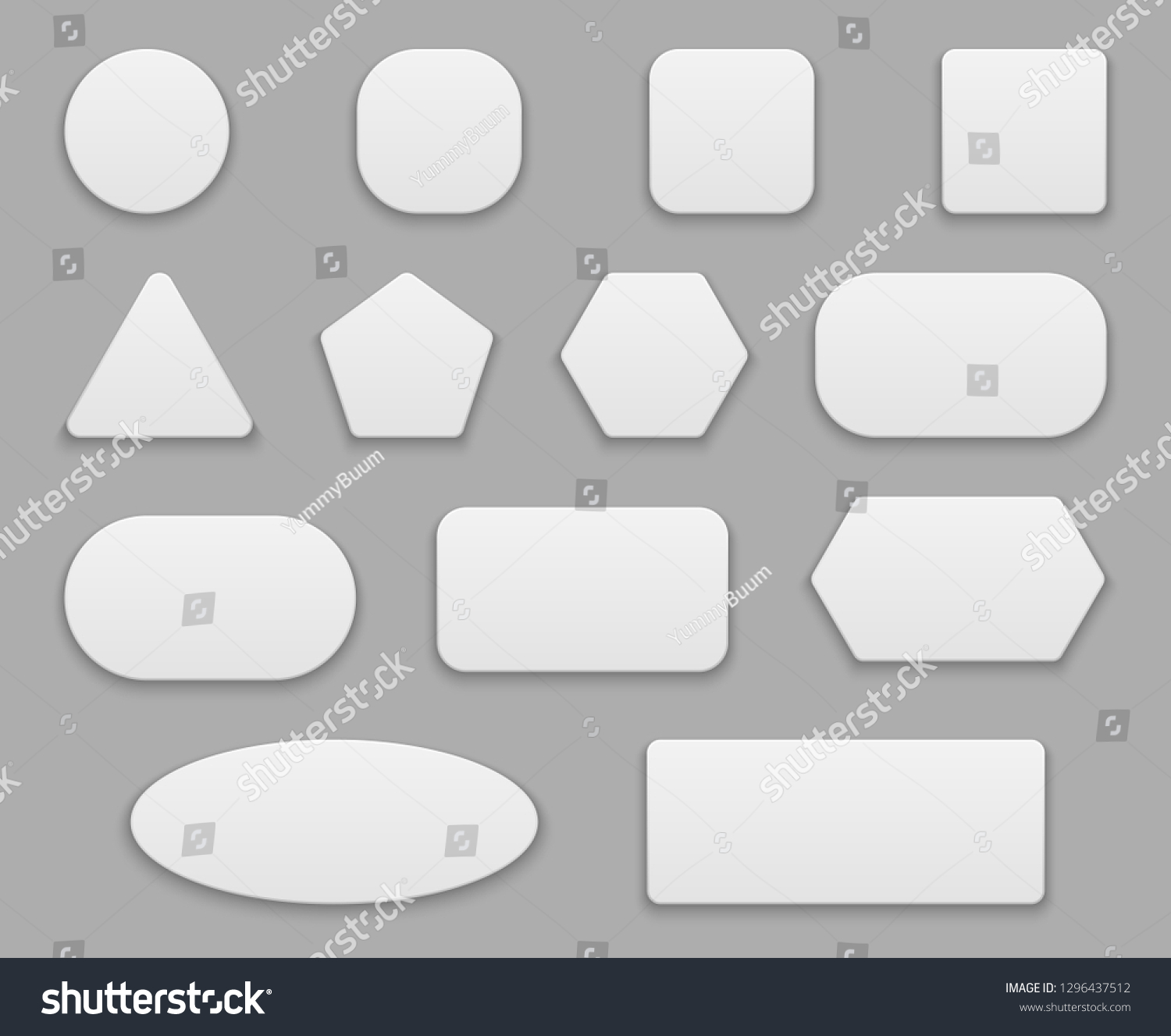 White buttons. Blank tags, white clear badge. Round square circle application button 3d vector isolated shapes #1296437512