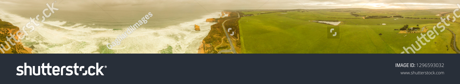 Panoramic aerial view of Twelve Apostles coastline in Victoria,  #1296593032