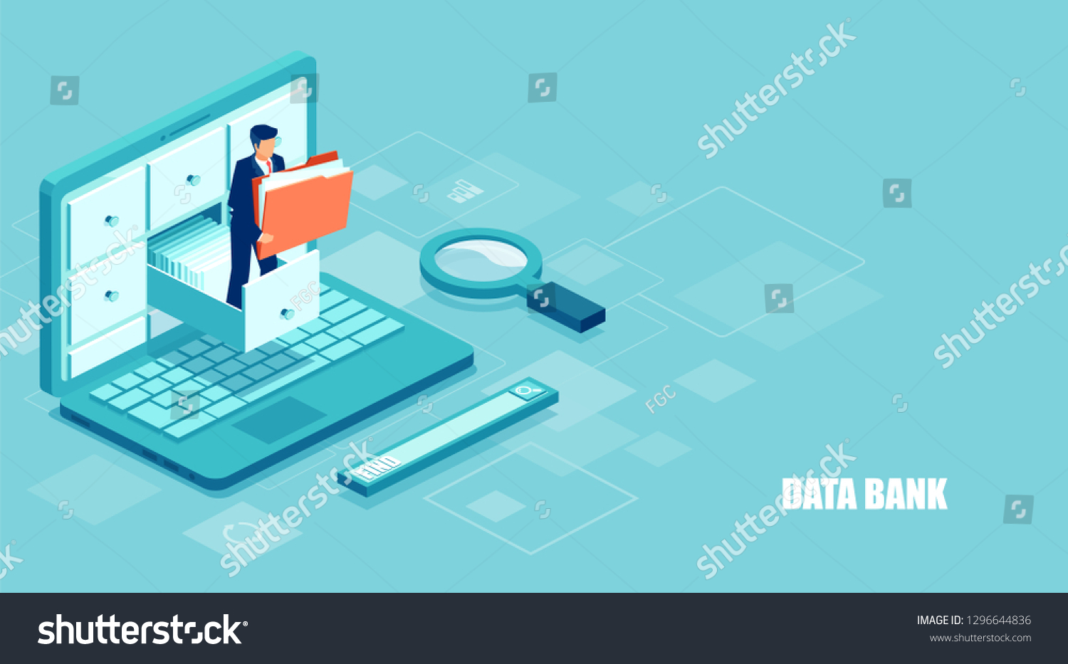 Isometric concept of database. Vector of a businessman holding a folder with documents from the archive managing online digital database  #1296644836